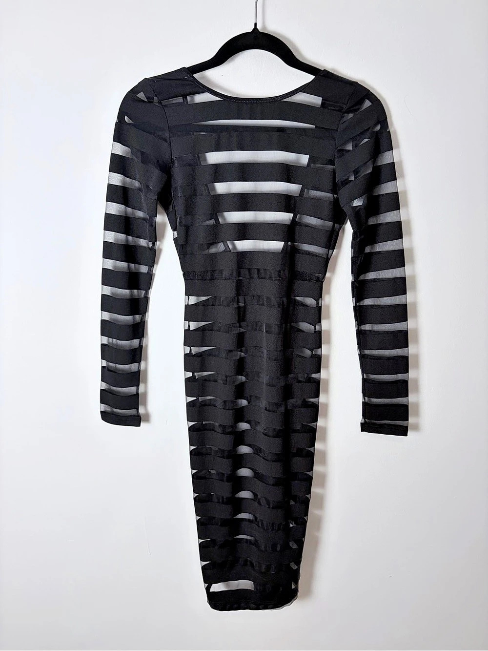 Lac Bleu Black Sheer Stripe Long Sleeve Open Back Bodycon Dress S